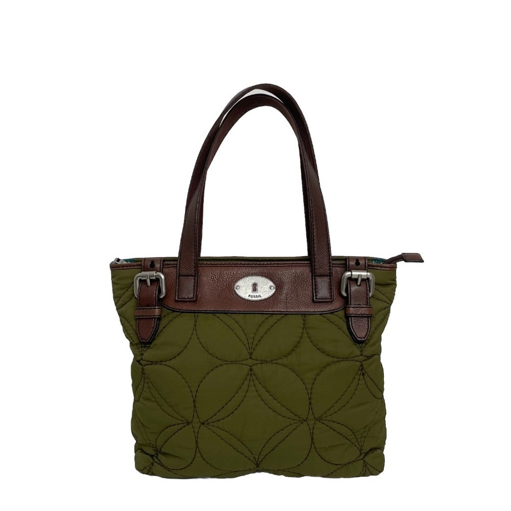 Vintage Fossil Quilted Purse Tote Flower Boho Leather Zipper Olive Green Brown